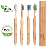 Cepillos de dientes de Bambú, Ecológicos, 100% Orgánicos, Biodegradables, Naturales y Veganos. 4 Unidades con cerdas de carbón naturales, vegetales y suaves + 1 x Estuche/Funda