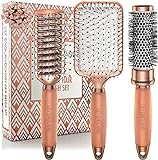 Set de Cepillos de Pelo Luxury para el Cabello - Cepillo Plano, Cepillo Redondo Cilíndrico de Secado y Peine (Oro Rosa)